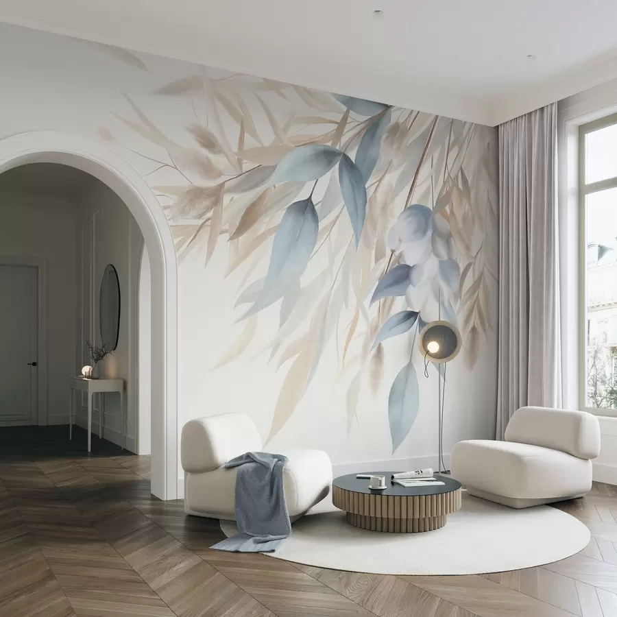 murais de parede Erva seca com textura, capim-dos-pampas e folhas azuis, pintadas num estilo suave de aguarela w09868