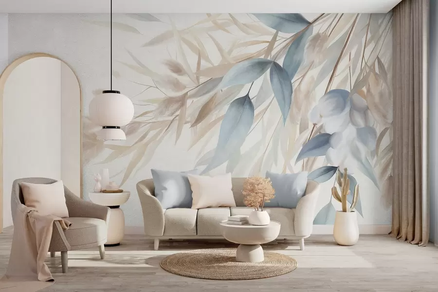 murais de parede Erva seca com textura, capim-dos-pampas e folhas azuis, pintadas num estilo suave de aguarela w09868