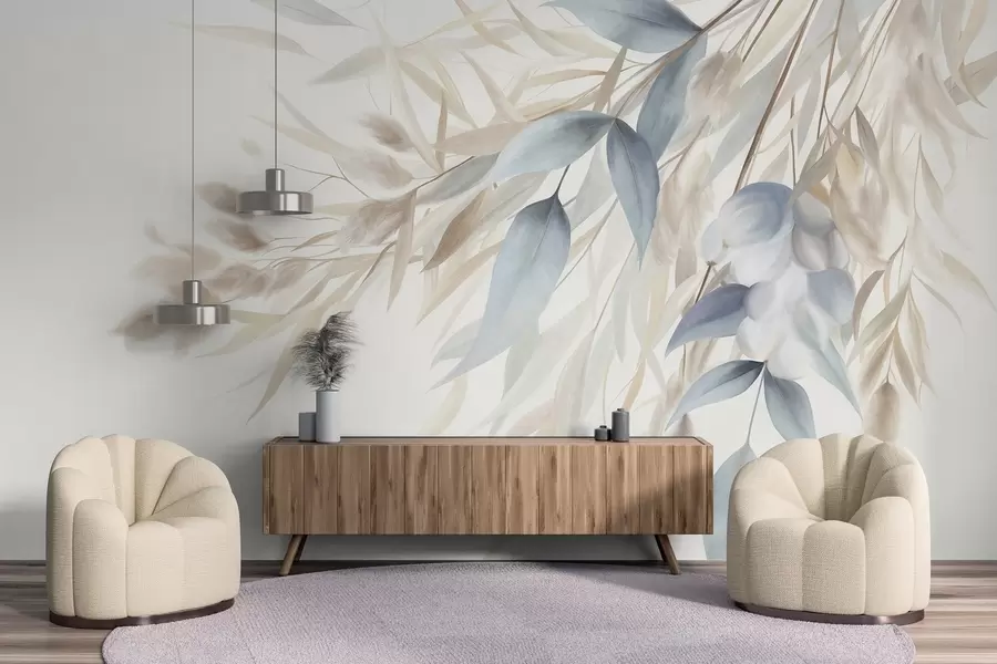 murais de parede Erva seca com textura, capim-dos-pampas e folhas azuis, pintadas num estilo suave de aguarela w09868