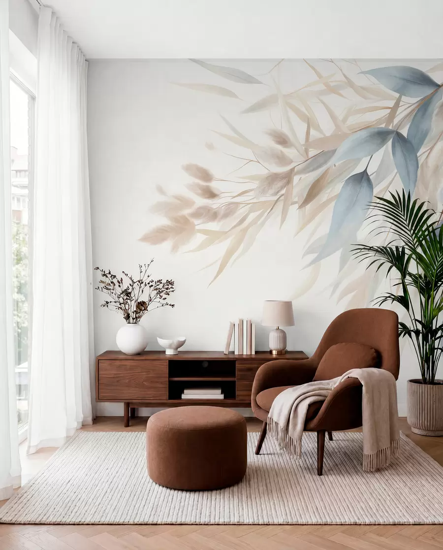 murais de parede Erva seca com textura, capim-dos-pampas e folhas azuis, pintadas num estilo suave de aguarela w09868