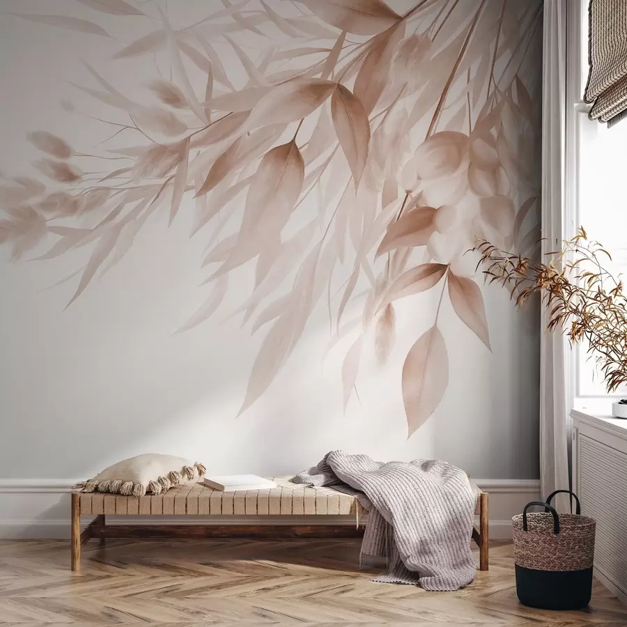 murais de parede Erva seca com textura, capim-dos-pampas e folhas, pintadas num estilo suave, semelhante à aguarela w09868v1