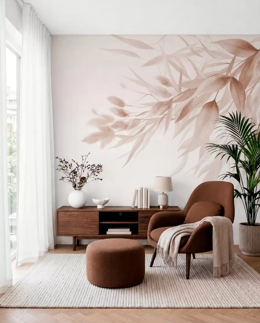 murais de parede Erva seca com textura, capim-dos-pampas e folhas, pintadas num estilo suave, semelhante à aguarela w09868v1