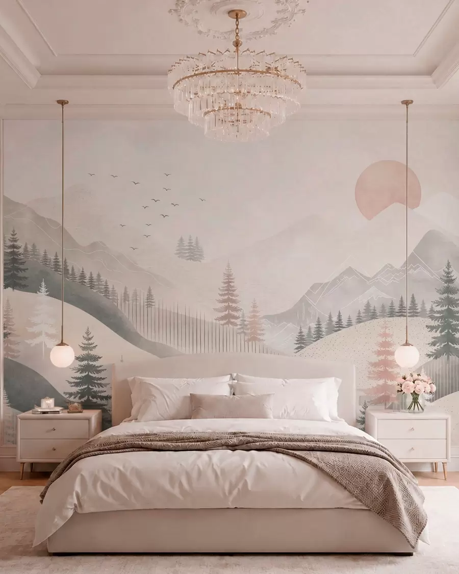 murais de parede Paisagem montanhosa minimalista com pinheiros w05626