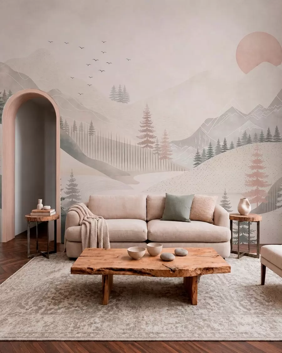 murais de parede Paisagem montanhosa minimalista com pinheiros w05626