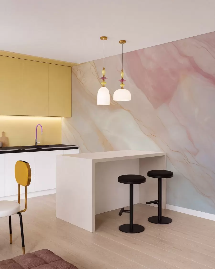 murais de parede Imitacão de um padrão abstrato com textura de mármore em tons de rosa e amarelo w05632