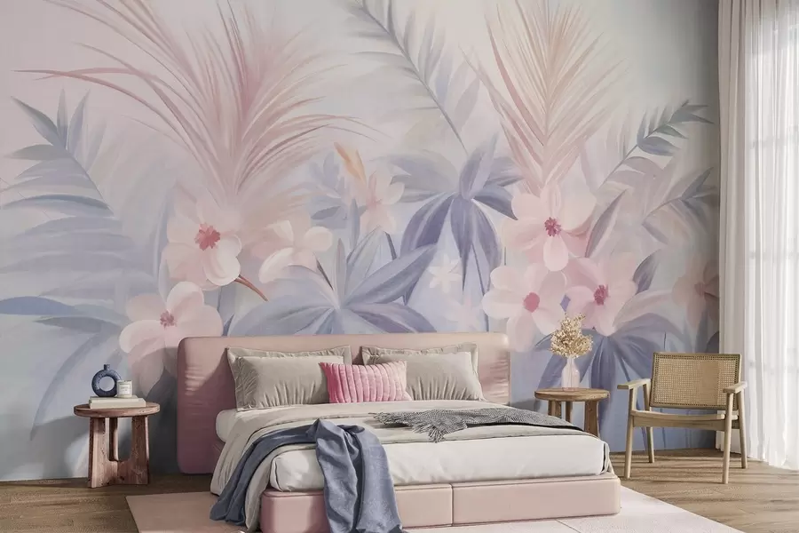 murais de parede Flores tropicais e folhas de palmeira em tons suaves de azul e rosa, estilo pictórico w09832