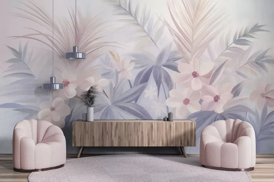 murais de parede Flores tropicais e folhas de palmeira em tons suaves de azul e rosa, estilo pictórico w09832