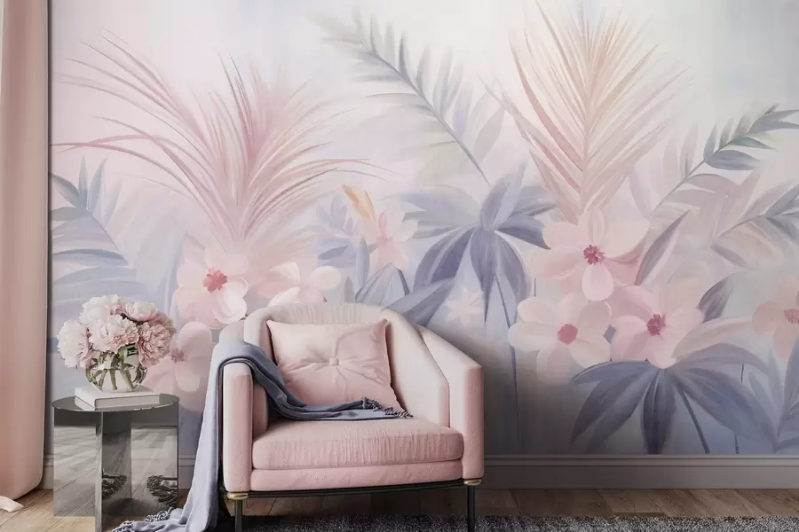 murais de parede Flores tropicais e folhas de palmeira em tons suaves de azul e rosa, estilo pictórico w09832