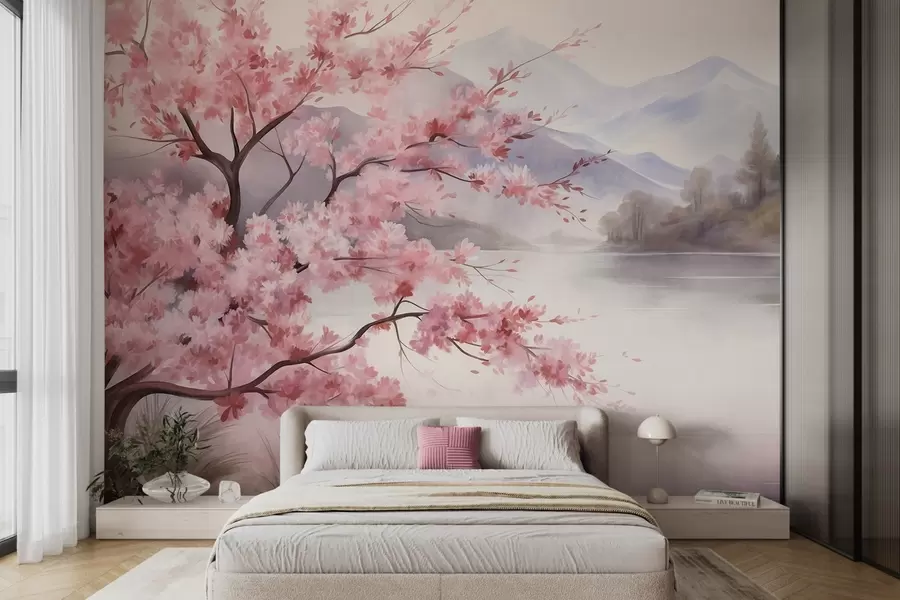 murais de parede Paisagem: uma árvore com flores cor-de-rosa, um lago e montanhas envoltas em neblina ao fundo w09870