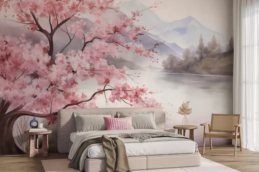 murais de parede Paisagem: uma árvore com flores cor-de-rosa, um lago e montanhas envoltas em neblina ao fundo w09870