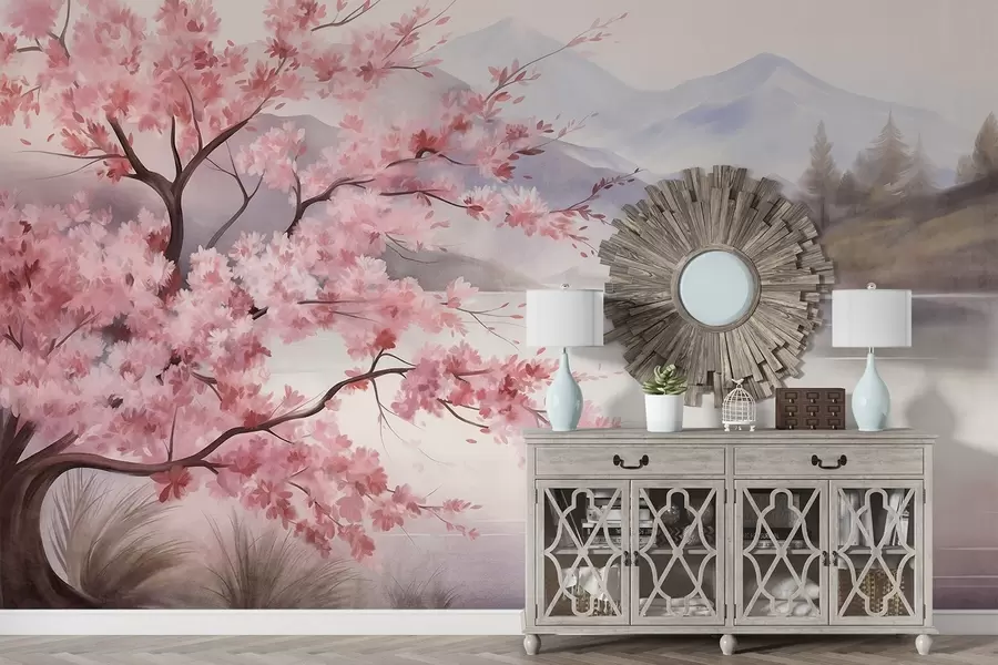 murais de parede Paisagem: uma árvore com flores cor-de-rosa, um lago e montanhas envoltas em neblina ao fundo w09870