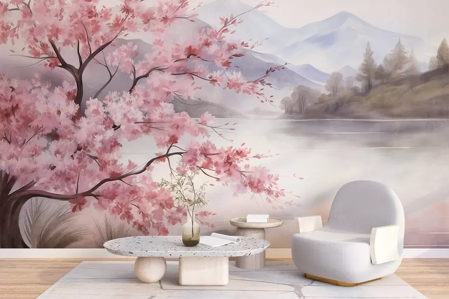 murais de parede Paisagem: uma árvore com flores cor-de-rosa, um lago e montanhas envoltas em neblina ao fundo w09870