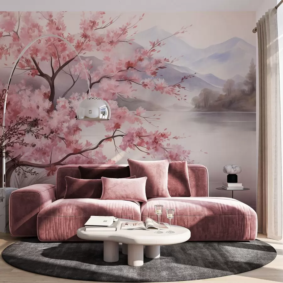 murais de parede Paisagem: uma árvore com flores cor-de-rosa, um lago e montanhas envoltas em neblina ao fundo w09870