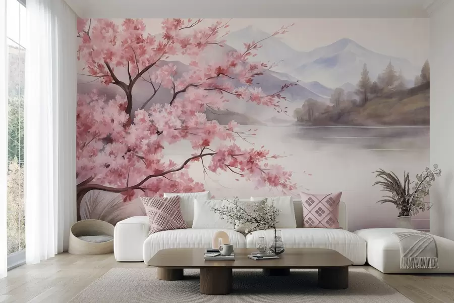 murais de parede Paisagem: uma árvore com flores cor-de-rosa, um lago e montanhas envoltas em neblina ao fundo w09870