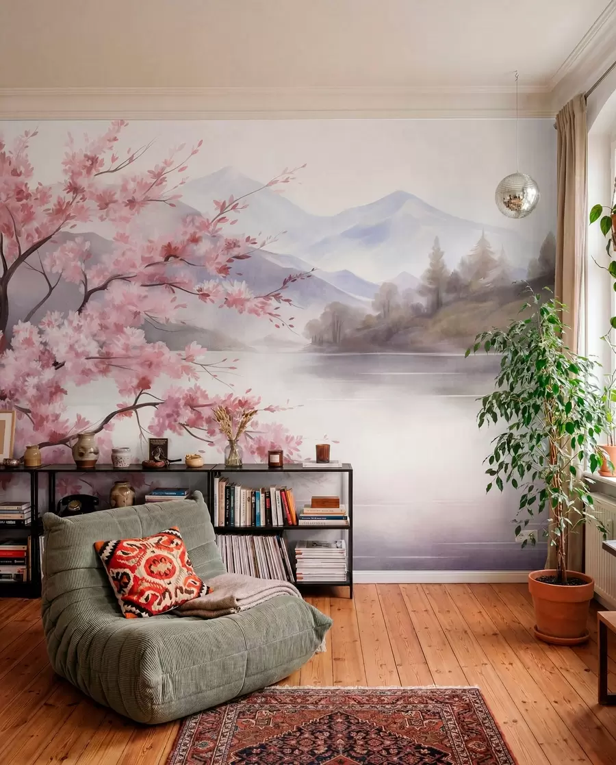 murais de parede Paisagem: uma árvore com flores cor-de-rosa, um lago e montanhas envoltas em neblina ao fundo w09870