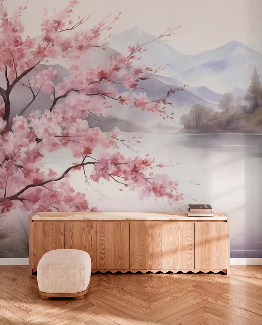 murais de parede Paisagem: uma árvore com flores cor-de-rosa, um lago e montanhas envoltas em neblina ao fundo w09870