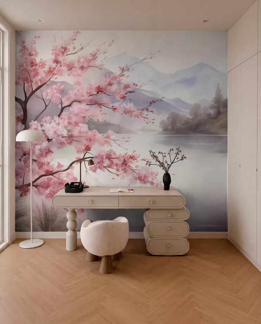 murais de parede Paisagem: uma árvore com flores cor-de-rosa, um lago e montanhas envoltas em neblina ao fundo w09870
