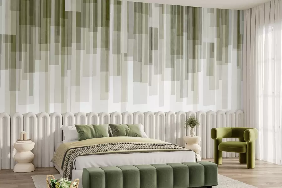 murais de parede Retângulos verticais texturados com transparências variáveis e tons de verde; arte abstrata w09889