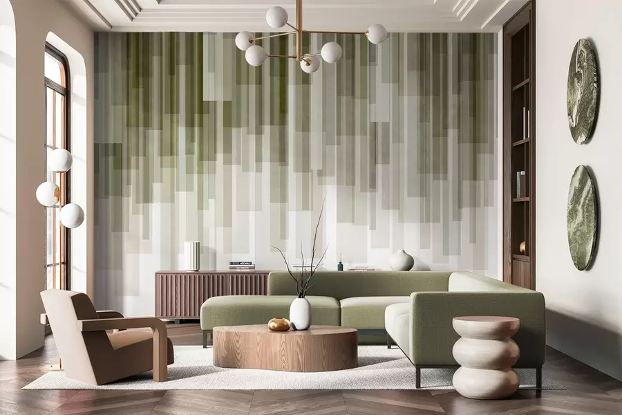 murais de parede Retângulos verticais texturados com transparências variáveis e tons de verde; arte abstrata w09889