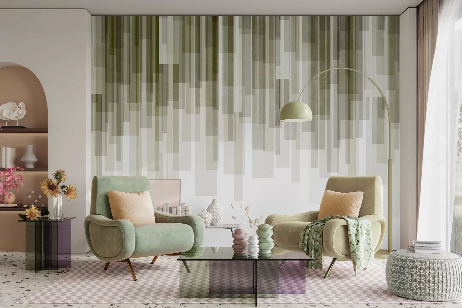 murais de parede Retângulos verticais texturados com transparências variáveis e tons de verde; arte abstrata w09889