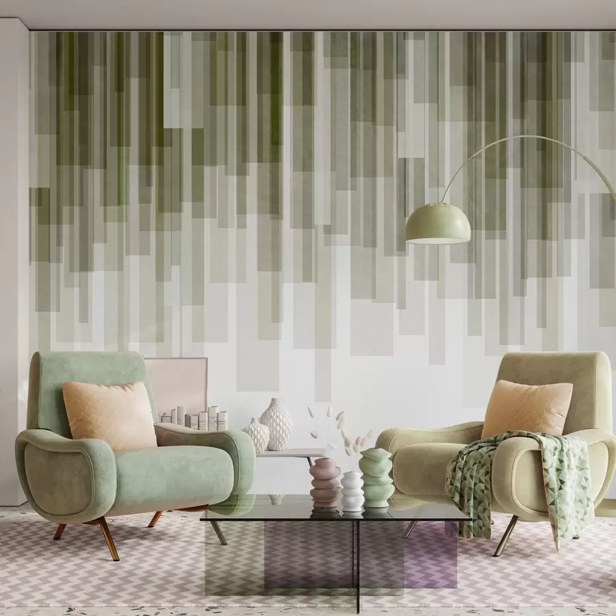 murais de parede Retângulos verticais texturados com transparências variáveis e tons de verde; arte abstrata w09889