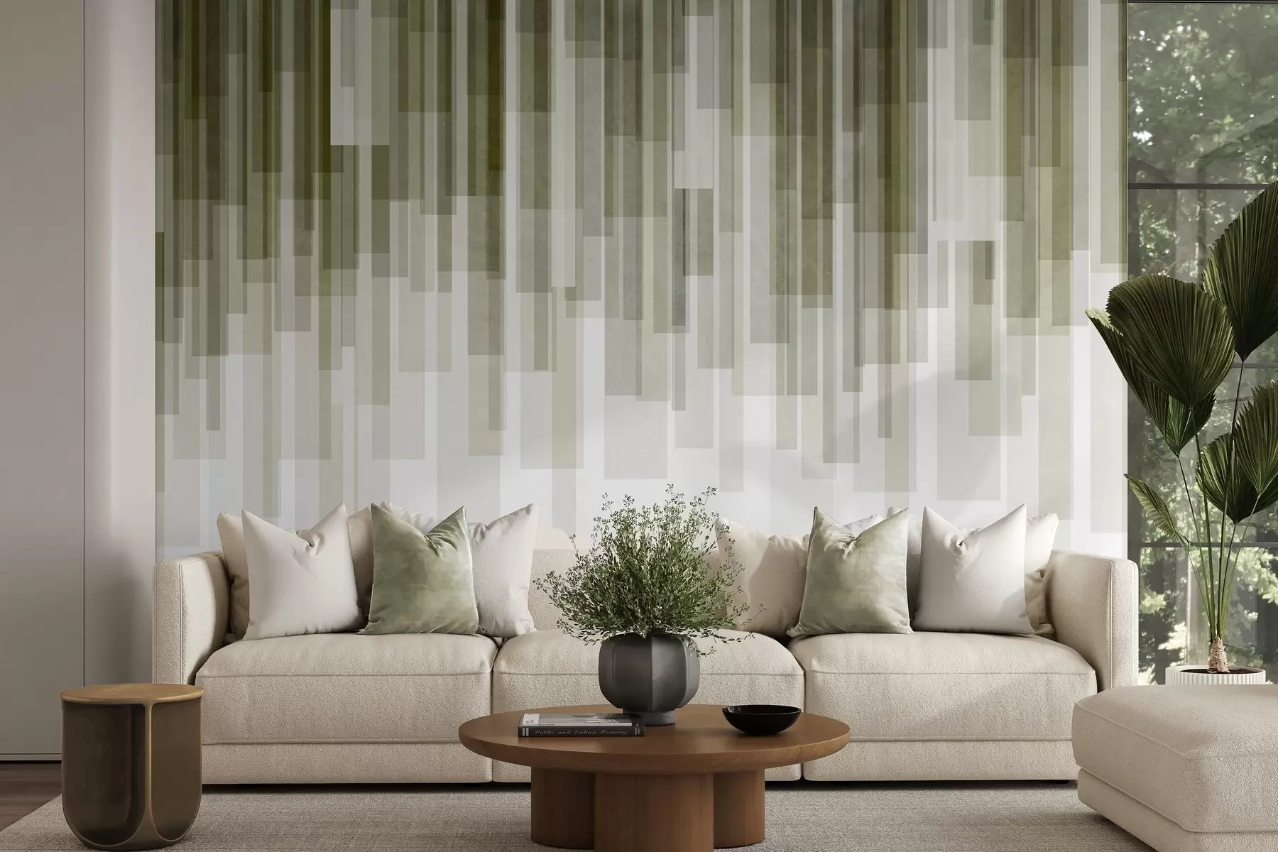 murais de parede Retângulos verticais texturados com transparências variáveis e tons de verde; arte abstrata w09889