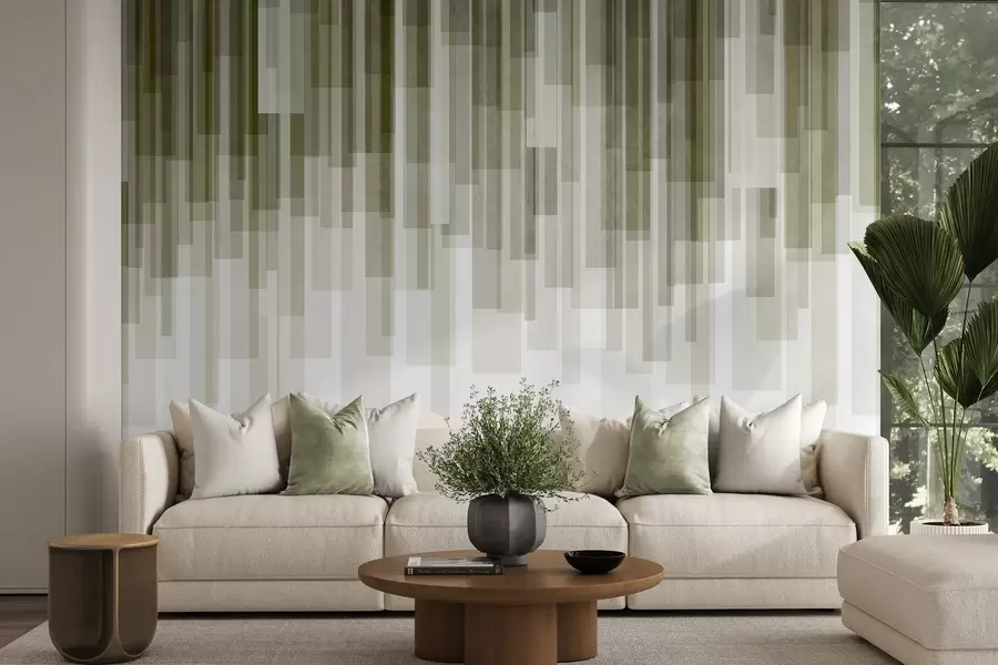 murais de parede Retângulos verticais texturados com transparências variáveis e tons de verde; arte abstrata w09889