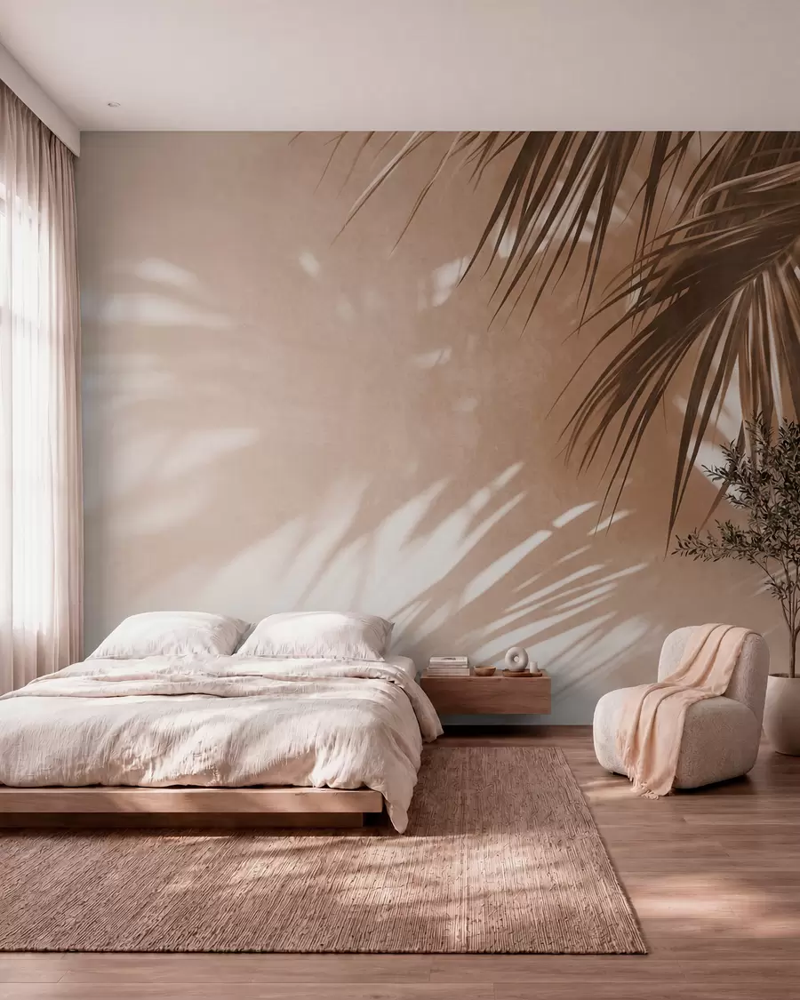 murais de parede Folhas de palmeira com textura e sombras, um ambiente tropical, minimalismo w09890