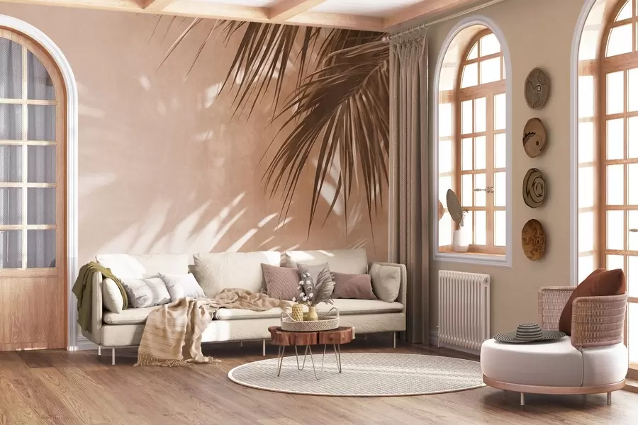 murais de parede Folhas de palmeira com textura e sombras, um ambiente tropical, minimalismo w09890