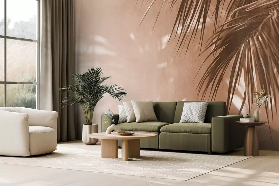 murais de parede Folhas de palmeira com textura e sombras, um ambiente tropical, minimalismo w09890