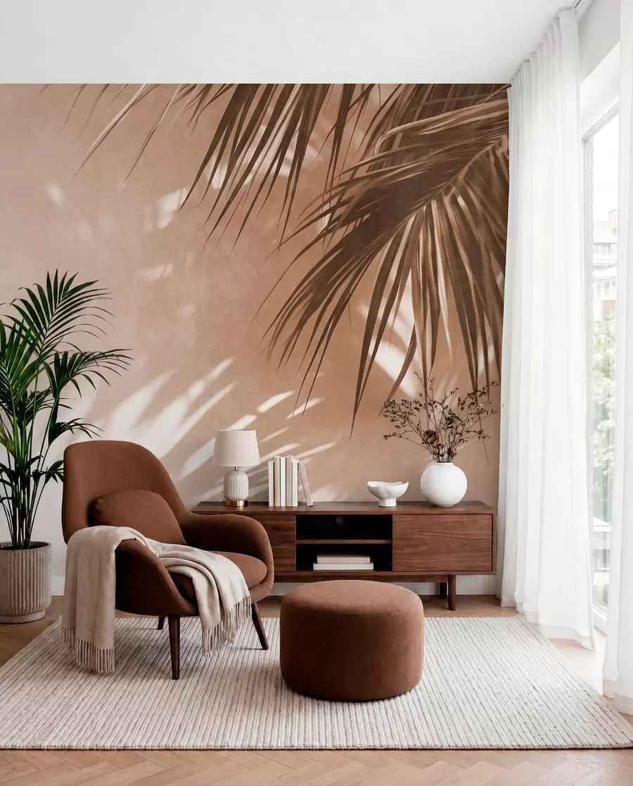 murais de parede Folhas de palmeira com textura e sombras, um ambiente tropical, minimalismo w09890