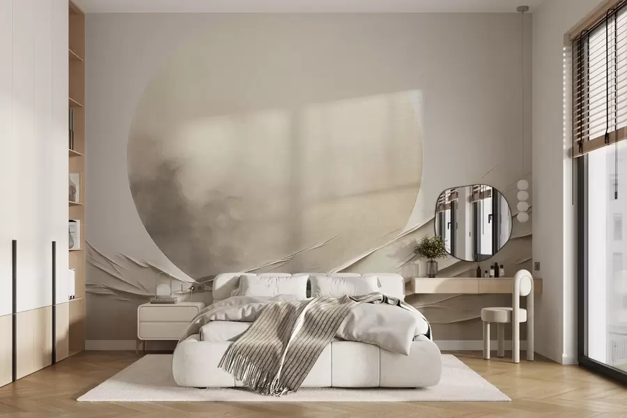 murais de parede Formas abstratas, onduladas e de cor creme, com uma grande esfera clara; arte moderna minimalista w09895