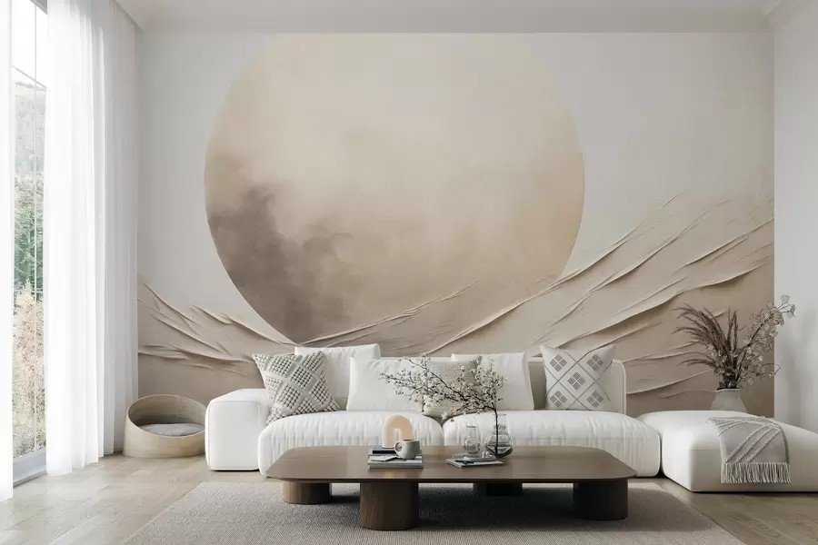murais de parede Formas abstratas, onduladas e de cor creme, com uma grande esfera clara; arte moderna minimalista w09895