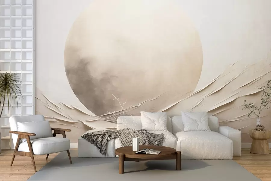 murais de parede Formas abstratas, onduladas e de cor creme, com uma grande esfera clara; arte moderna minimalista w09895