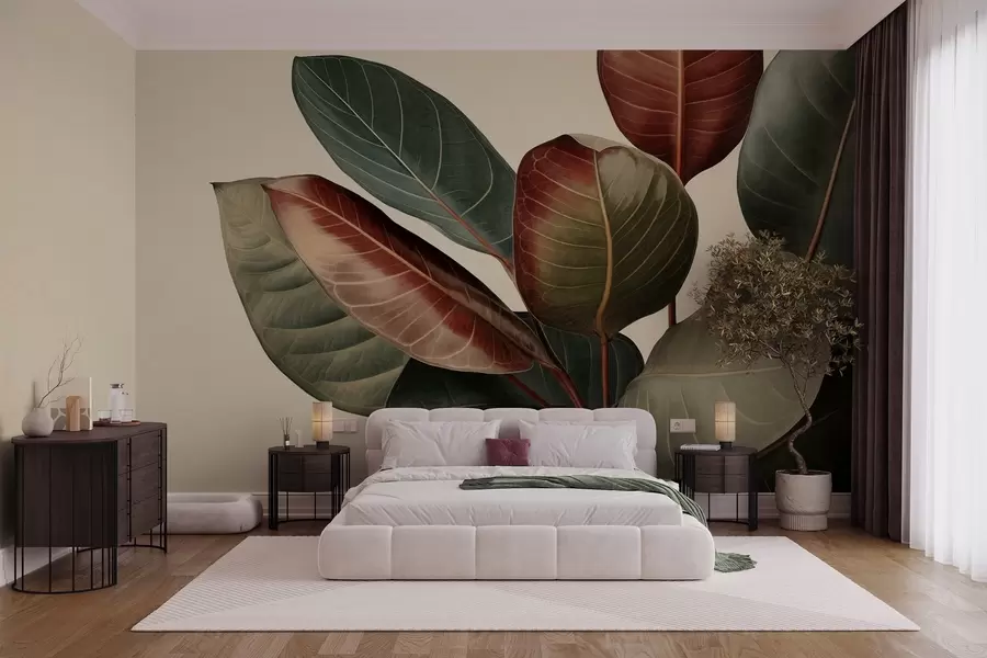 murais de parede Folhas grandes e texturadas, com tons variados de verde, vermelho e castanho, sobre um fundo claro w09891