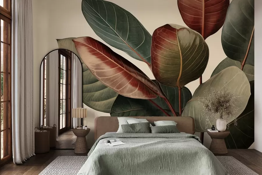 murais de parede Folhas grandes e texturadas, com tons variados de verde, vermelho e castanho, sobre um fundo claro w09891