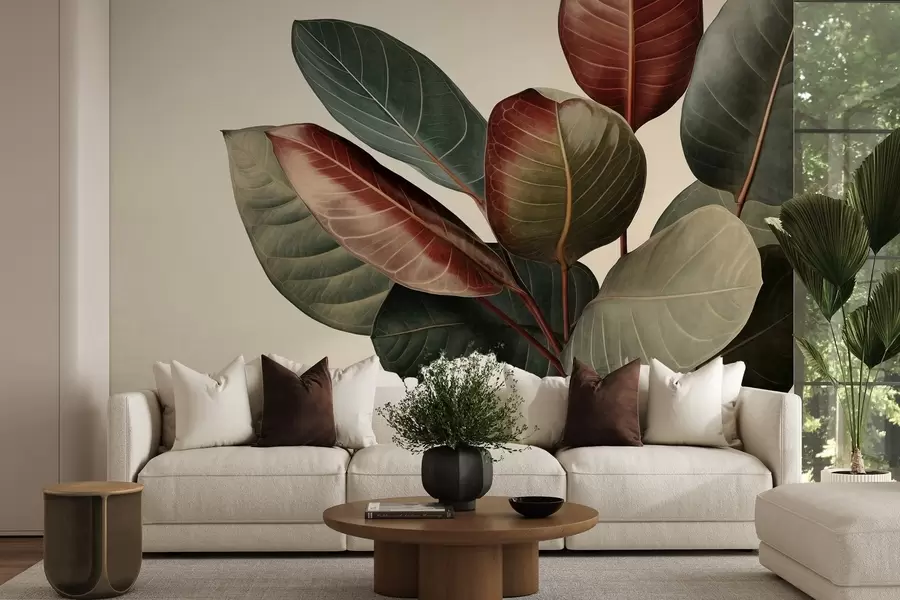 murais de parede Folhas grandes e texturadas, com tons variados de verde, vermelho e castanho, sobre um fundo claro w09891