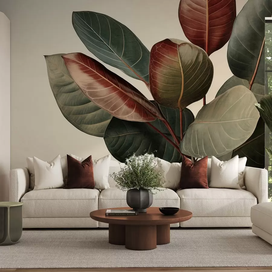 murais de parede Folhas grandes e texturadas, com tons variados de verde, vermelho e castanho, sobre um fundo claro w09891