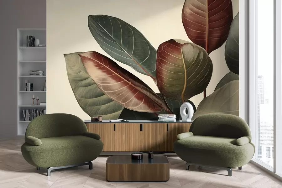 murais de parede Folhas grandes e texturadas, com tons variados de verde, vermelho e castanho, sobre um fundo claro w09891