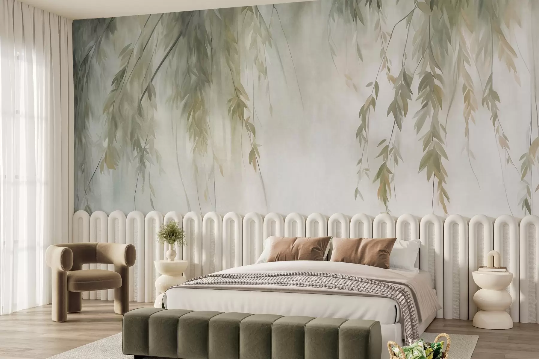 murais de parede Ramos de salgueiro com folhas verde-claro pendentes sobre um fundo suave, em estilo aquarela w09893