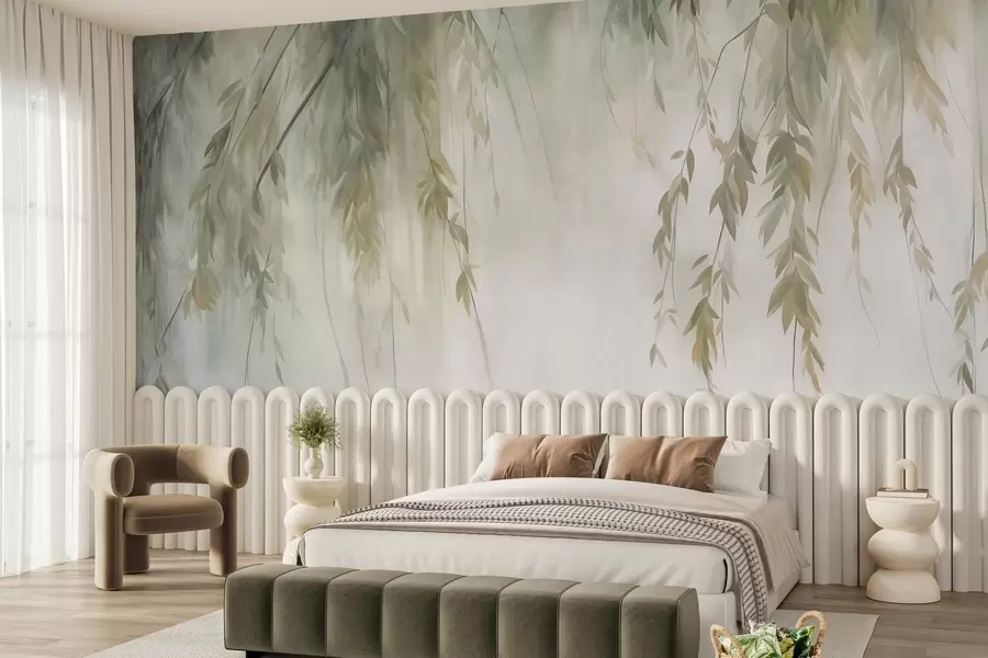 murais de parede Ramos de salgueiro com folhas verde-claro pendentes sobre um fundo suave, em estilo aquarela w09893