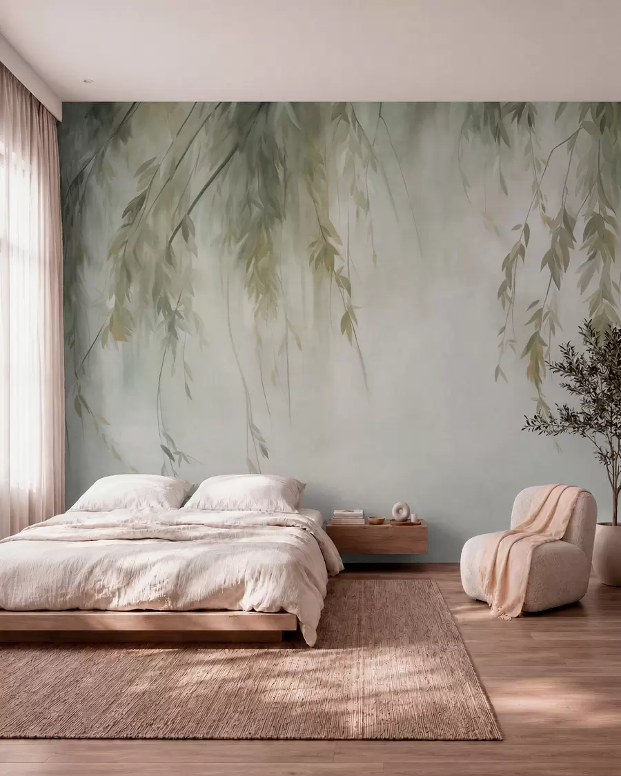 murais de parede Ramos de salgueiro com folhas verde-claro pendentes sobre um fundo suave, em estilo aquarela w09893