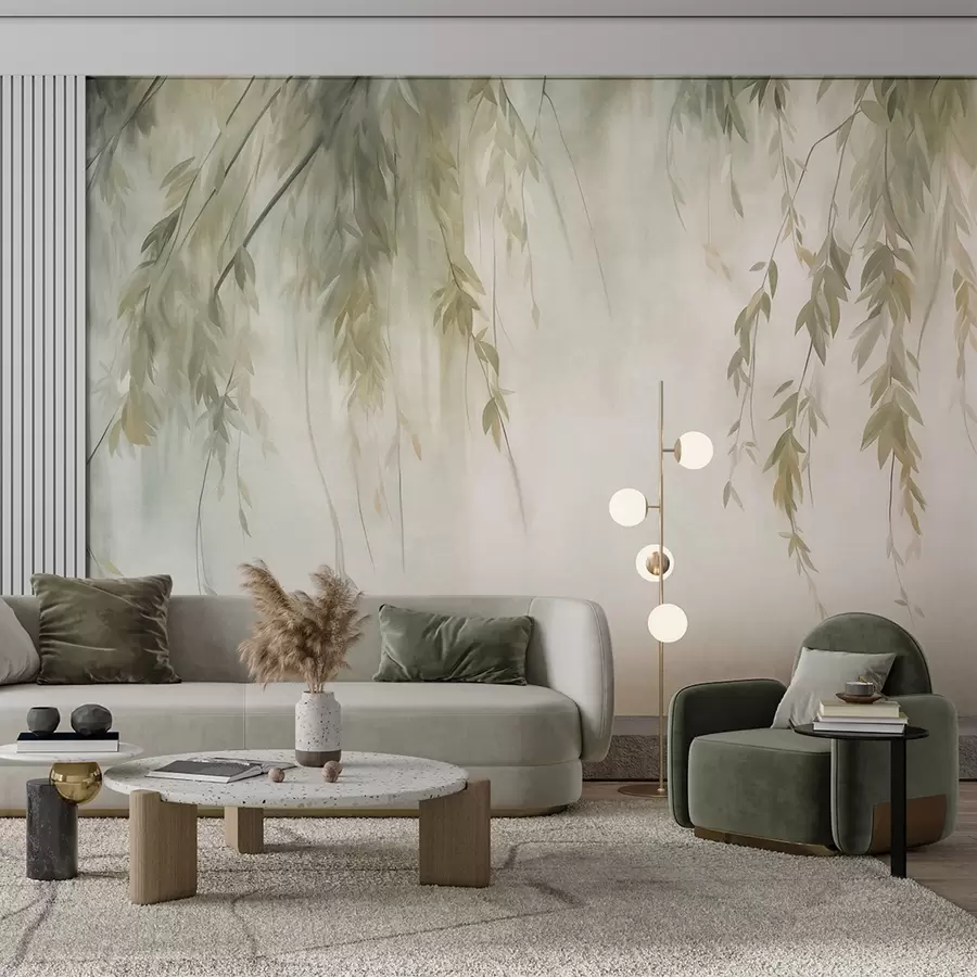 murais de parede Ramos de salgueiro com folhas verde-claro pendentes sobre um fundo suave, em estilo aquarela w09893