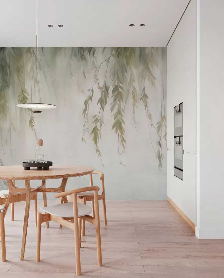 murais de parede Ramos de salgueiro com folhas verde-claro pendentes sobre um fundo suave, em estilo aquarela w09893
