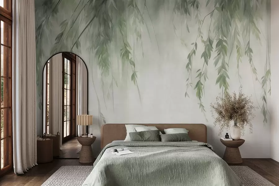 murais de parede Ramos de salgueiro com folhas verde-claro pendentes sobre um fundo suave, em estilo aquarela w09893v1