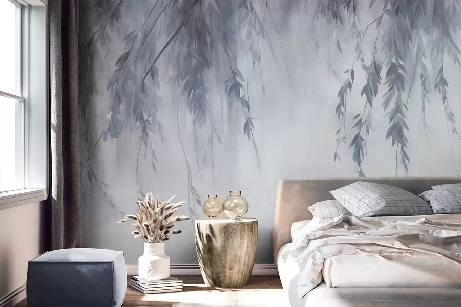 murais de parede Ramos de salgueiro com folhas azul-claras pendentes sobre um fundo suave, em estilo aquarela w09893v2