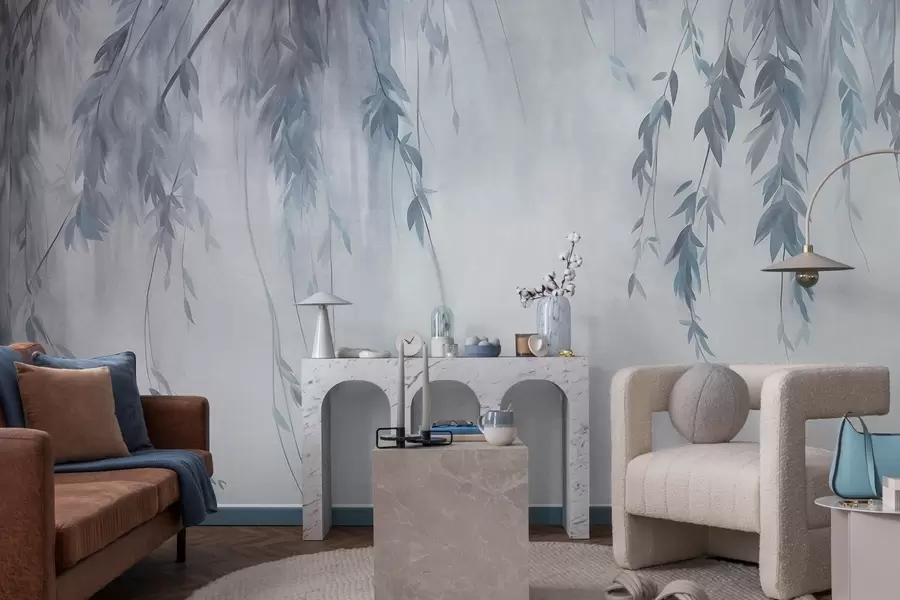 murais de parede Ramos de salgueiro com folhas azul-claras pendentes sobre um fundo suave, em estilo aquarela w09893v2