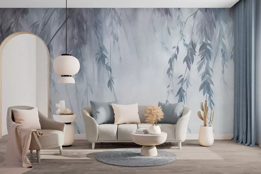 murais de parede Ramos de salgueiro com folhas azul-claras pendentes sobre um fundo suave, em estilo aquarela w09893v2