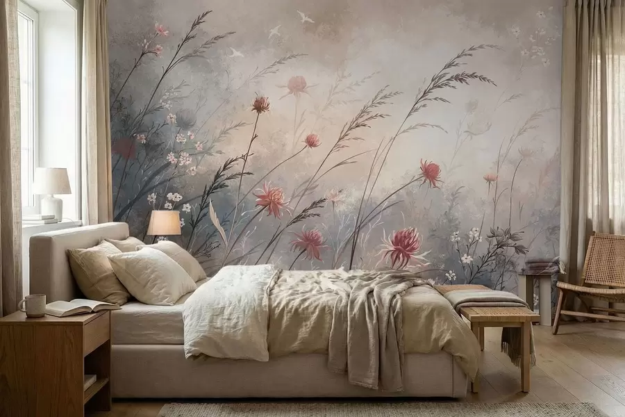 murais de parede Delicadas flores silvestres num cenário enevoado em tons pastel w05538