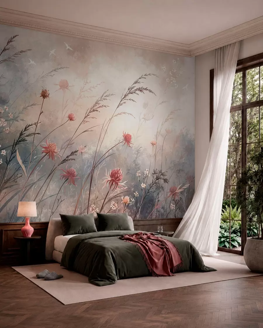 murais de parede Delicadas flores silvestres num cenário enevoado em tons pastel w05538